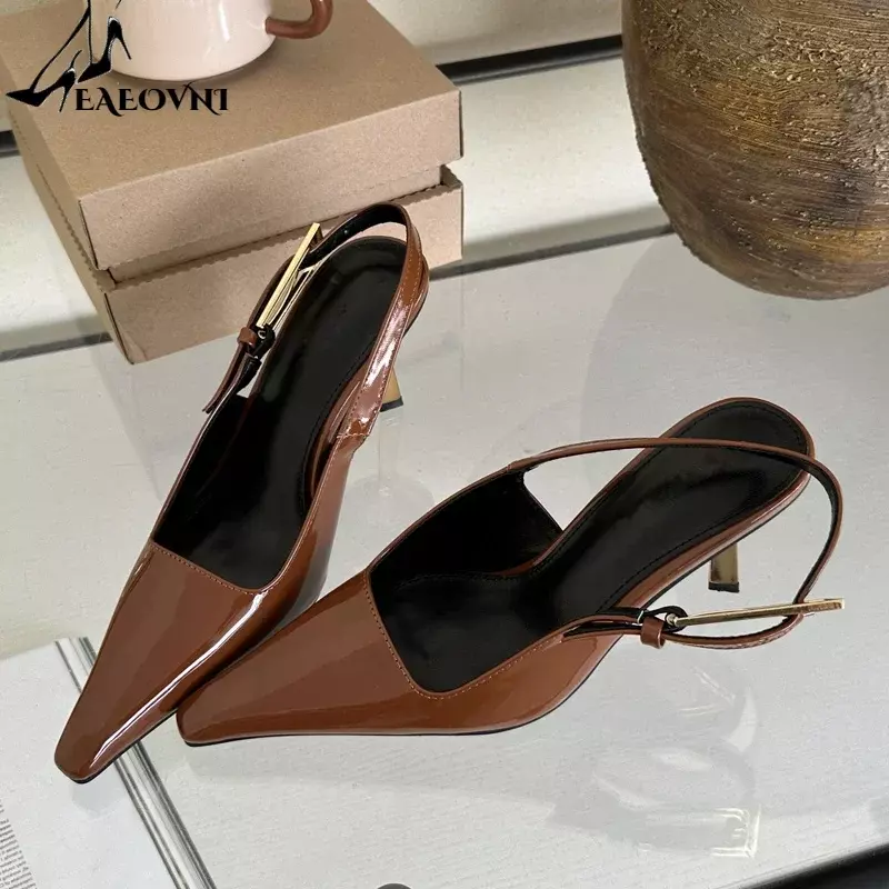 Street Style Sexy Pointed Toe Metal Buckle Strap Women Pumps Stripper Sandals  Slingback High Heels Female Shoes