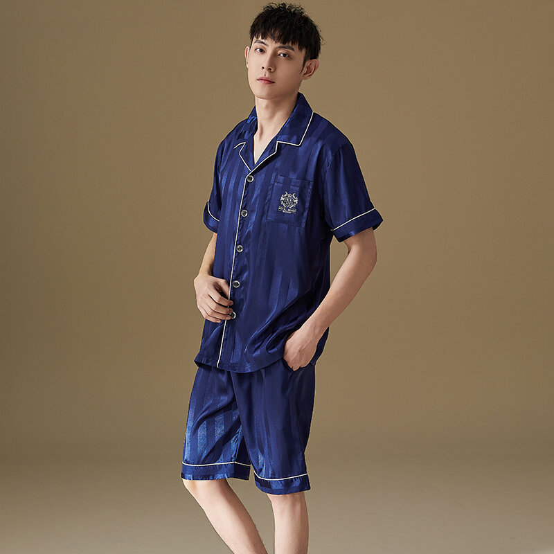 High Quality Summer Men Satin Silk Pajamas Set Plus Size M-4XL Men Short Sleeve Sleepwear Male Pijama