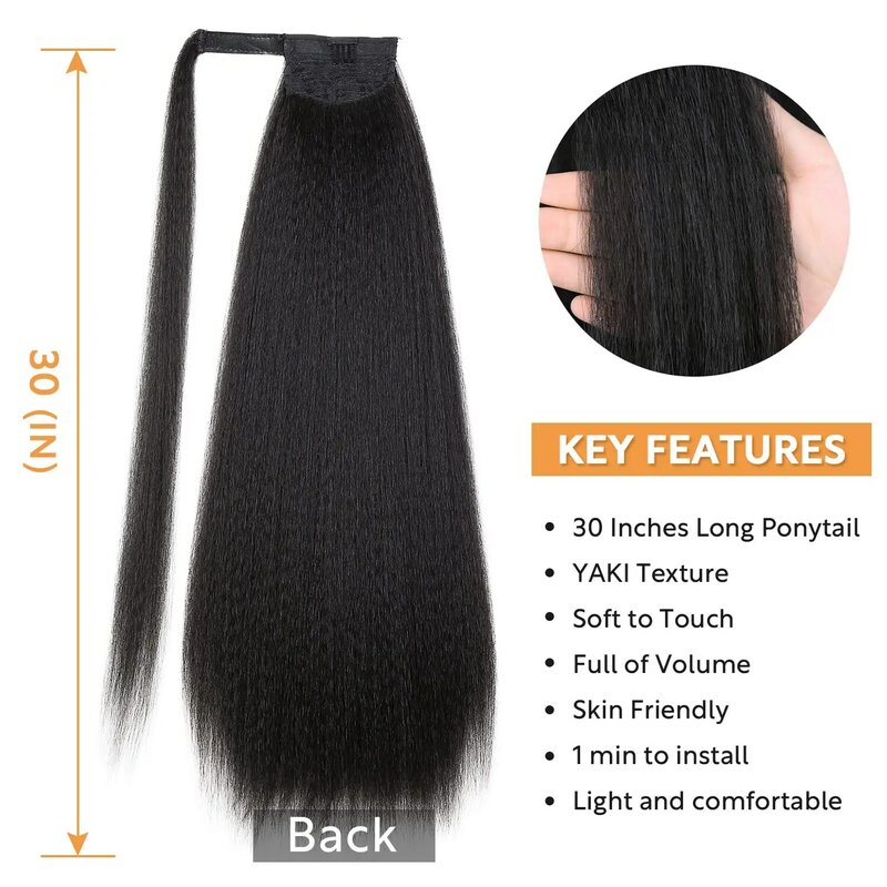 30“Kinky Straight Ponytail Wrap Around Long Ponytail Extension Natural Black Yaki Ponytail Extension for Black Women Tails