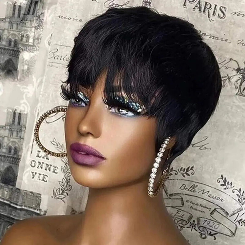 Perruque de cheveux humains coupe Pixie courte pour femmes noires, perruques fabriquées à la machine avec frange, perruque sans colle
