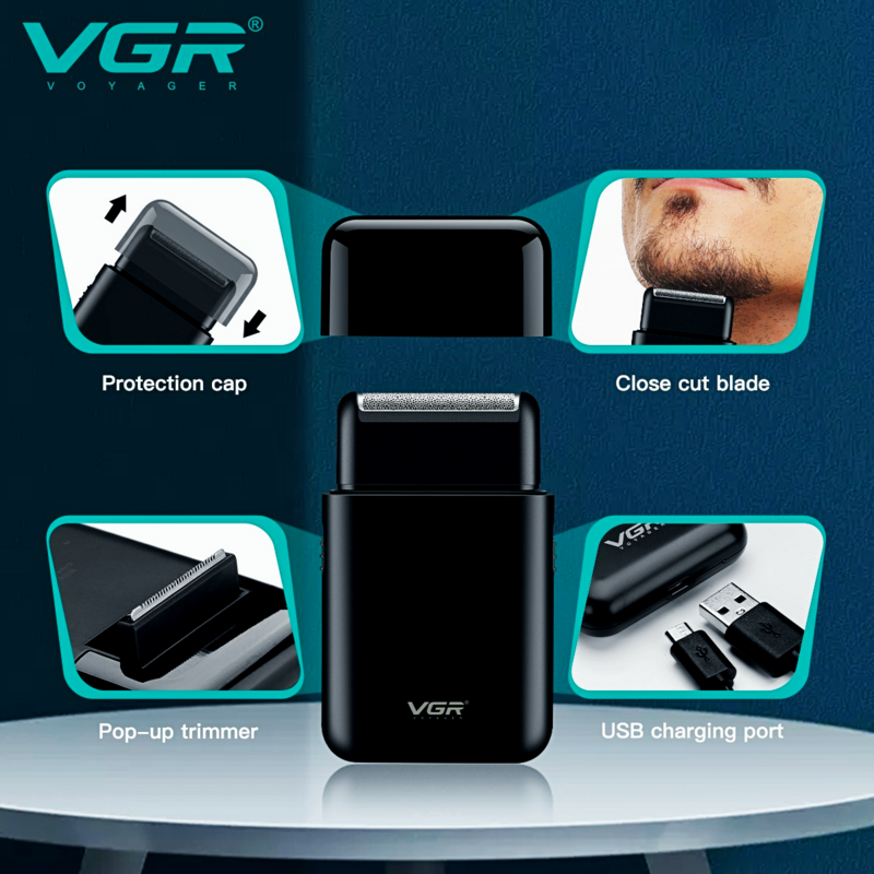 VGR เครื่องโกนหนวดไฟฟ้า ที่กันจอนเครามืออาชีพ มีดโกน เครื่องโกนหนวดขนาดเล็กแบบพกพา เครื่องโกนหนวดแบบลูกสูบ 2 ใบมีด ที่ชาร์จ USB สำหรับผู้ชาย V-390