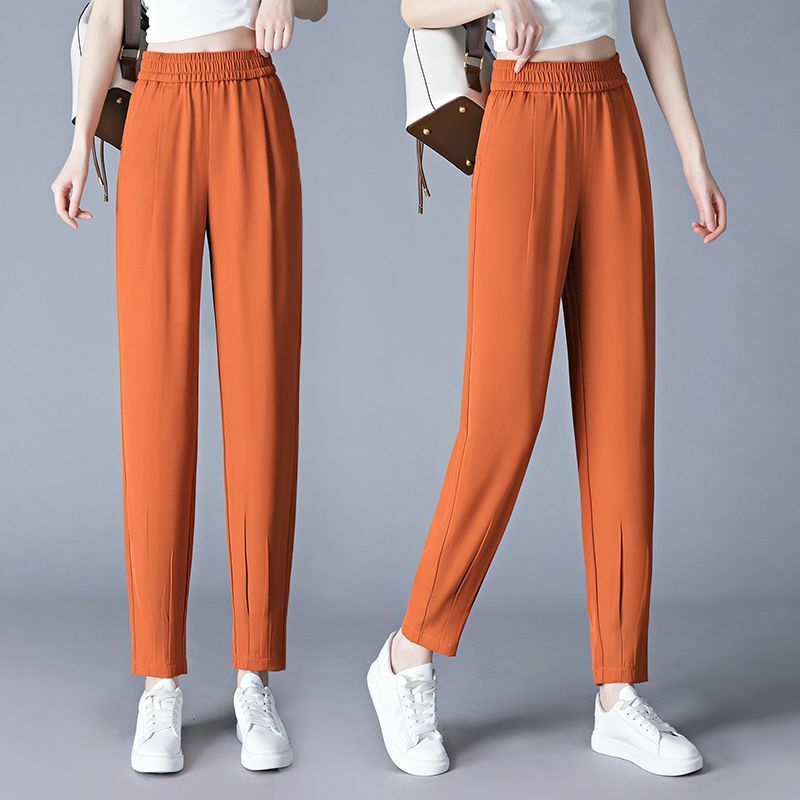 Celana panjang crop kaki lebar wanita, celana Harlan Solid serbaguna kasual mode baru musim panas saku pinggang tinggi sederhana dengan kancing