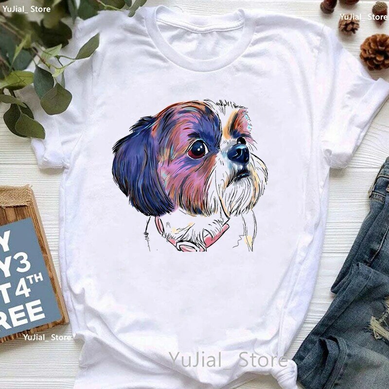 다채로운 Shih Tzu 동물 프린트 티셔츠, 소녀 귀여운 강아지 연인 티셔츠, 여성 하라주쿠 셔츠, 여름 반팔 티셔츠