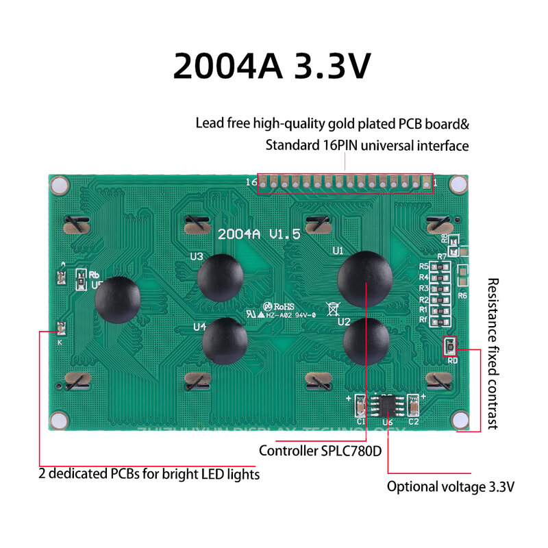 2004A Character Screen LCD Display Module Emerald Green Film With Black Characters Voltage 5V 3.3V Controller SPLC780D