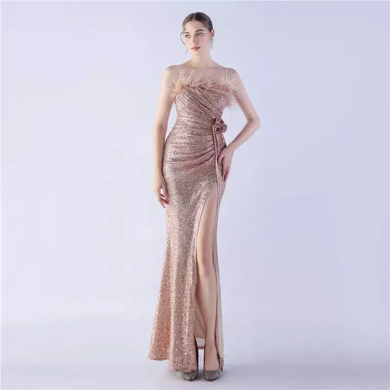Sladuo Women's Glitter Sequin Bodycon Dress Sexy Tube Top Spaghetti Strap Long Mermaid Slit Party Dresses