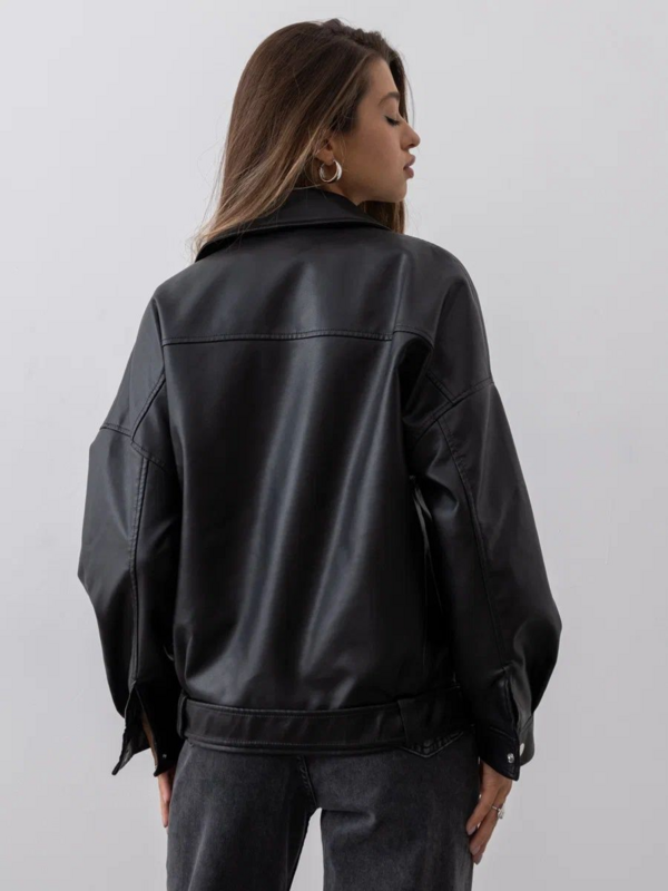 女性のカジュアルな合成皮革のジャケット,だぶだぶのスウェットシャツ,黒の革のジャケット,ベージュとグレー