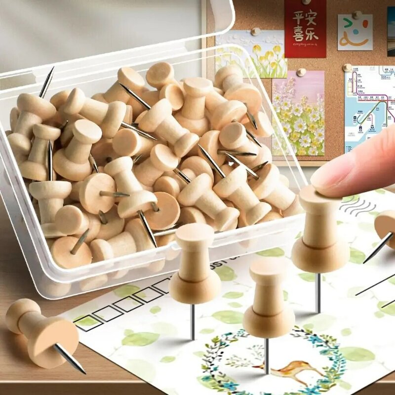 Chinchetas de tablero de corcho de plástico para pared, tachuelas de tablero, botones de madera, 50 piezas