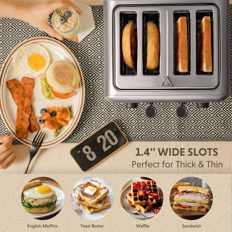 4-Scheiben-Toaster, extra breite Schlitze, Retro-Edelstahl mit hohem Hub hebel, Entnahme krümel schale, 7-Schatten-Einstellungen