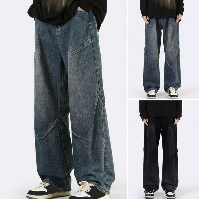 Męska dżinsy z prostymi nogawkami styl hiphopowy spodnie dżinsowe dla mężczyzn prosta szeroka nogawka drapowana konstrukcja w połowie wzrostu z spodnie z kieszeniami