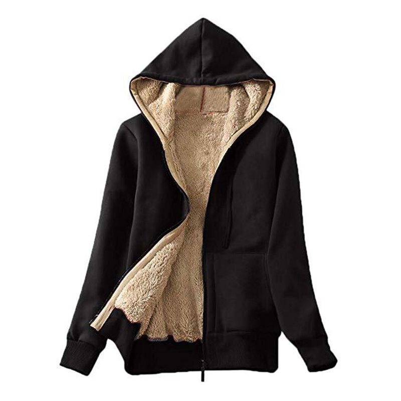 Women Hooded Warm Fleece Coat Pockets Zipper Cardigan Drawstring Jacket Sweatshirts Autumn Winter Thickened Plush Coat Outwear
