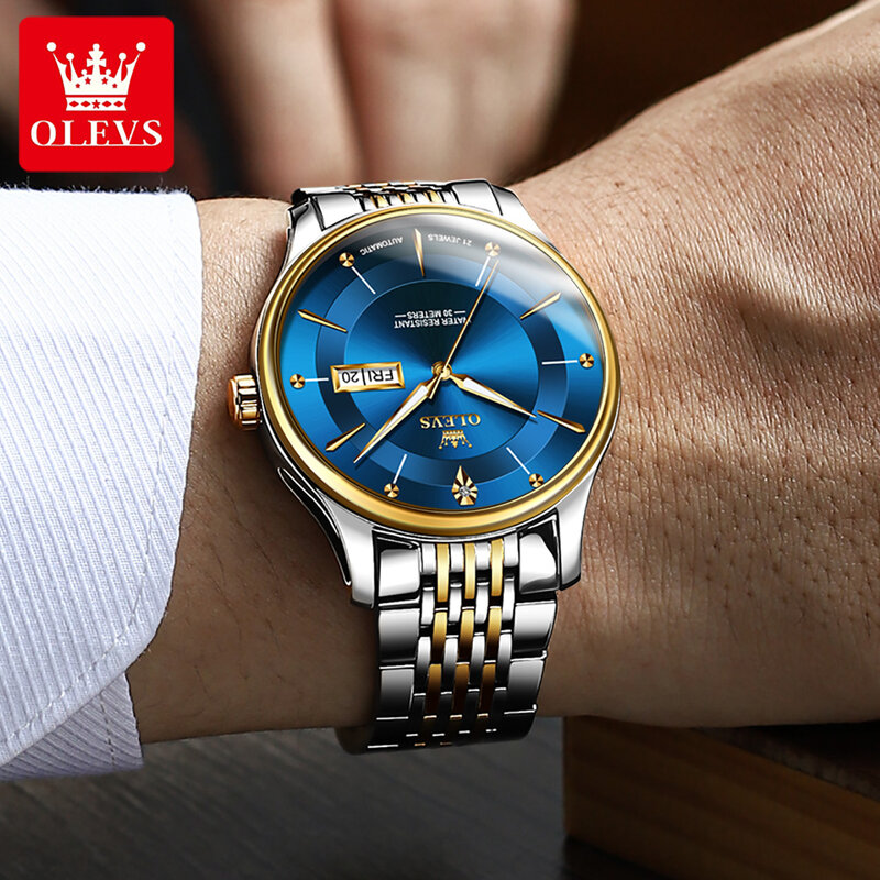 OLEVS jam tangan pria otomatis, arloji mewah Stainless Steel, jam tangan olahraga tahan air