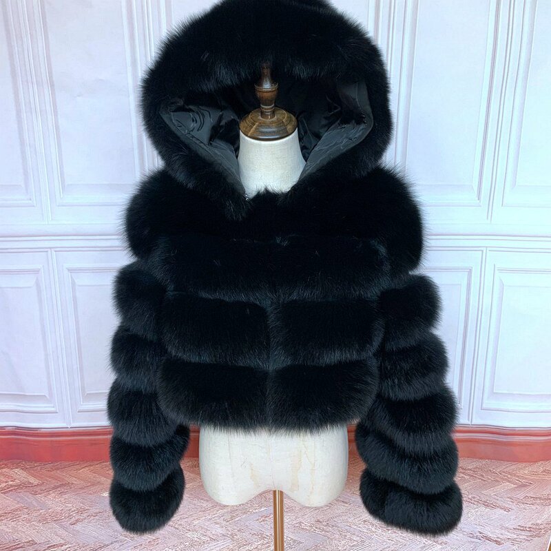 Casaco de pele raposa real para mulheres, jaqueta curta com capuz, manga completa, grossa, quente, natural, alta qualidade, moda, novo, inverno