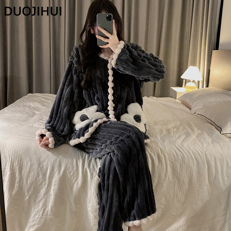 DUOJIHUI New Classic Stripe Pure Color Thick Warm Women's Pajamas Set Winter Flannel Sweet Fashion 3-colors Female Sleepwear Set