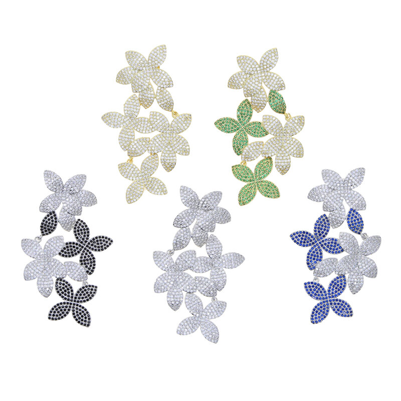 Luxo Micro Paved CZ Stud Earring para Mulheres, CZ Paved Leaves, Jóias de Alta Qualidade, Ice Out Flower