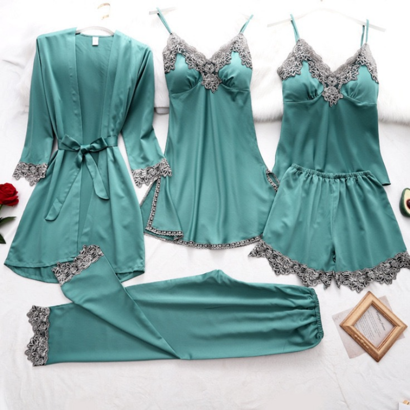 2024 New Hop Ice Pajamas Women's Sexy Nightgown Lace Five Piece Set Simulated Silk Spring/summer Home Pajamasets