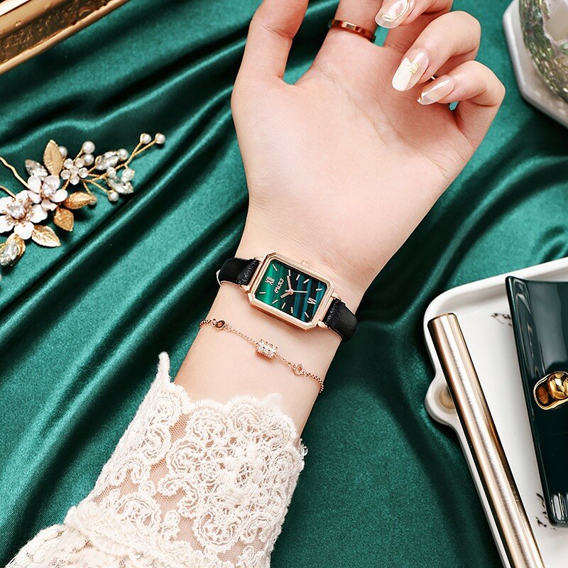 Vintage นาฬิกาหน้าปัดทรงสี่เหลี่ยม Tali Kulit Wanita เข็มขัดนาฬิกากําไลเหมาะสำหรับของขวัญผู้หญิง Elegant Casual Jam Tangan Digital Reloj Mujer