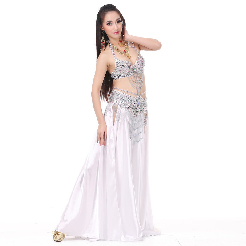 Traje de danza del vientre para mujer, conjunto de ropa de danza india, sujetador, cinturón y falda, 3 piezas, S/M/L, nuevo estilo, VL-N55