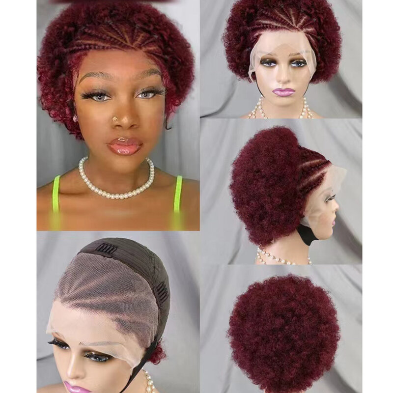 MissDona-Peluca de cabello humano rizado con trenzas para mujer, pelo Afro con malla frontal 13x4, color burdeos, 100%