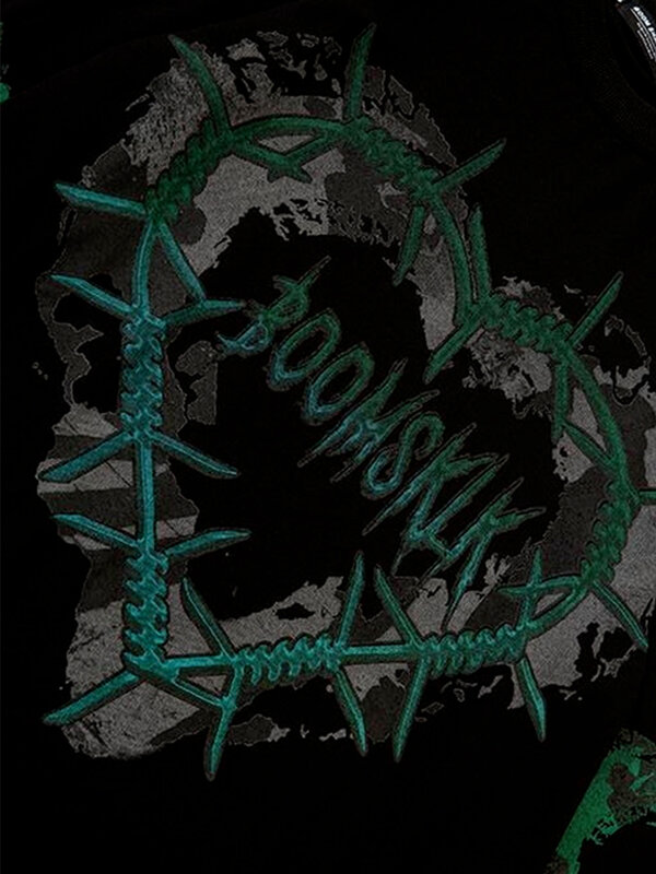 HOUZHOU Gothic Punk zielona, z nadrukiem koszulki z długim rękawem kobiety Grunge Oversize Harajuku Streetwear drukuj O-neck czarny Top sweter