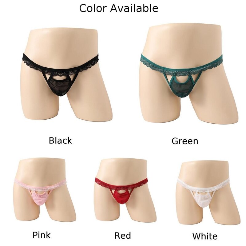 Sheer Mesh Thong Panties Sexy Mens See-Through Lace G-string Briefs Hollow Out Bulge Pouch Underwear Sissy Lingerie Solid