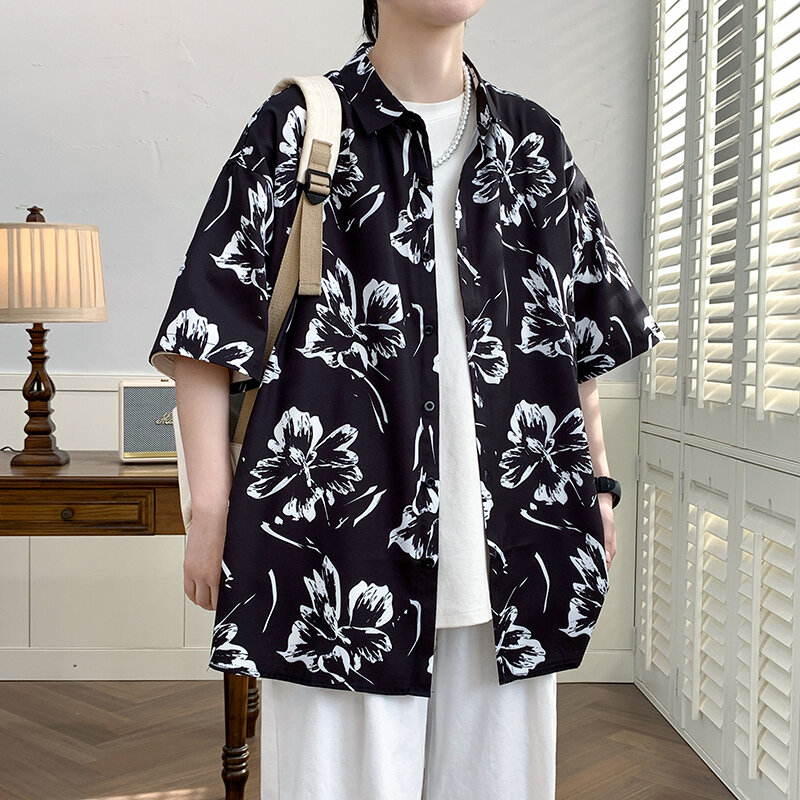 Camisa masculina solta contrastante de cor estampada de manga curta, camisa floral casual, masculina personalizada, elegante, qualidade superior, nova, verão