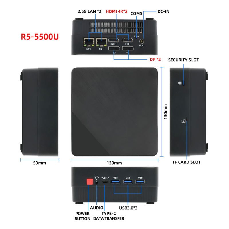 TexHoo-Four Display Mini PC, AMD Ryzen 7 5800U, 5500U, Pocket Dual DP, HDMI-MI, LAN, Tipo-C, Wi-Fi 6, DDR4, 16GB, 1TB, NVMe