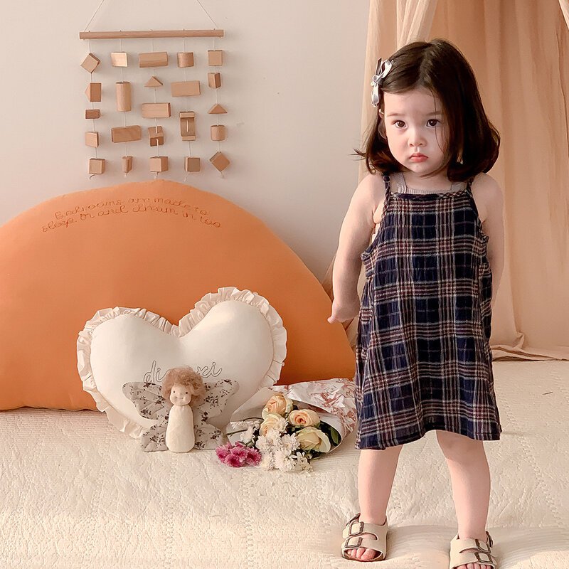 Baby Girls Summer New 2PCS Clothes Set Sleeveless Plaid A Line Dress Square Collar Solid Color Tops Suit Newborn Girls Outfits