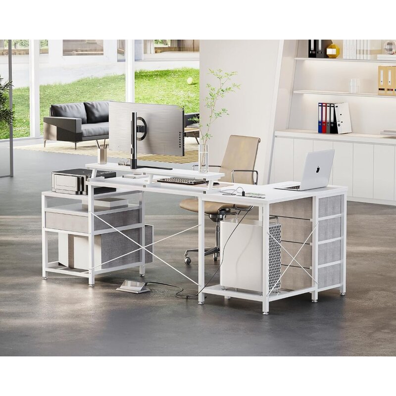 L Shaped Computer Desk with File Drawers & 3 Power Outlets & 2 USB Ports, 72 Inch Home Office Desk with Printer Cabinet