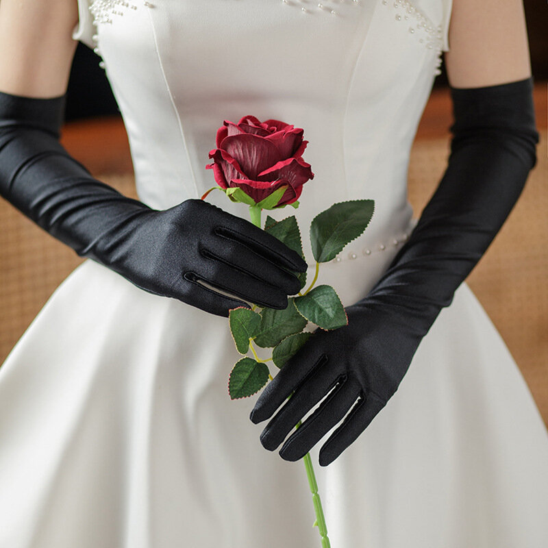 Сексуальные черные атласные перчатки для невесты, элегантные длинные винтажные свадебные перчатки, новые простые свадебные перчатки