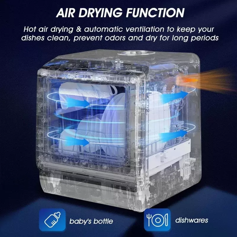AIRMSEN AE-TDQR03 przenośna zmywarka nablatowa, kompaktowa Mini myjka do naczyń z 5-litrowym wbudowanym zbiornikiem na wodę i funkcją suszenia powietrzem