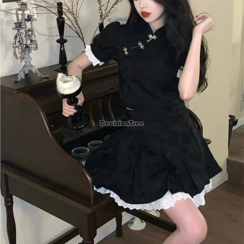 2024 new chinese style Pleated skirt half skirt  Two Piece Set girl fashion wear women lace sexy daily cheongsam dress set