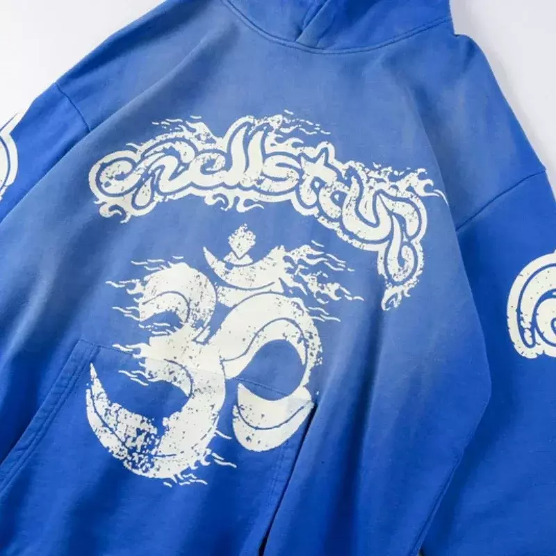 24ss HELLSTAR Blue Hoodios Pure Cotton Foam Printing Men Women 1:1 High Quality Washed Oversized Hooded Pullovers