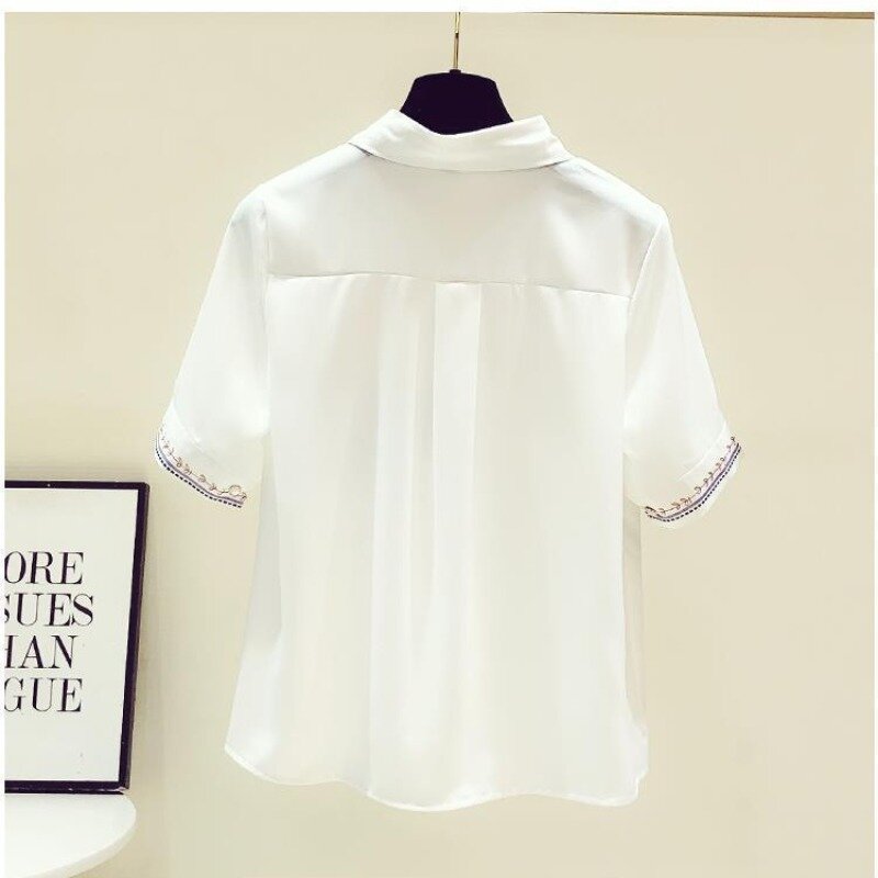 Women's Chic Fashion Chiffon Summer New Solid Color Commute Blouses Short Sleeve Polo-Neck Single-breasted Loose Printed Shirts