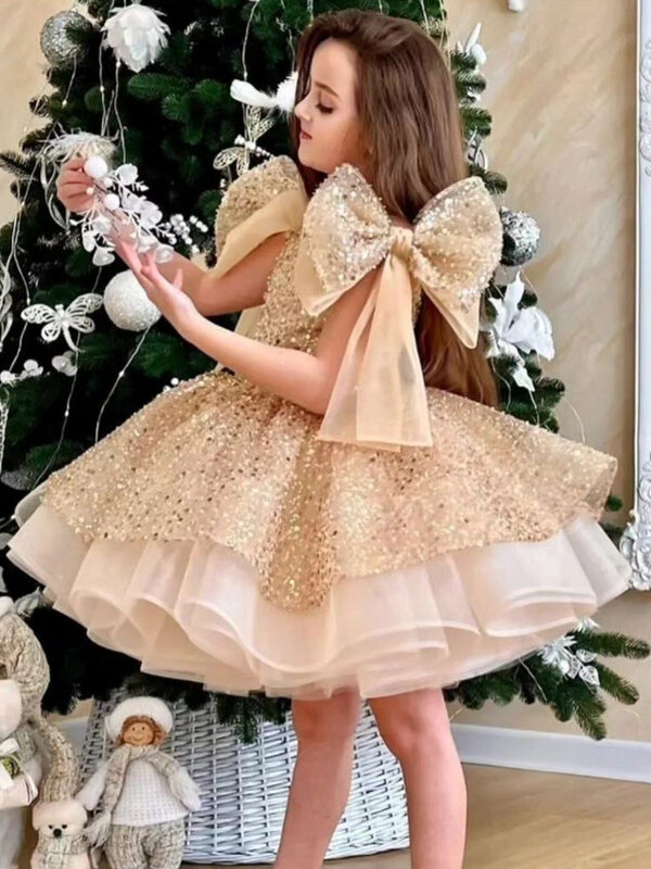Vestito da ragazza di lusso con paillettes vestito da grande evento soffice vestito da principessa per la festa di compleanno della neonata vestito per occasioni formali per bambini