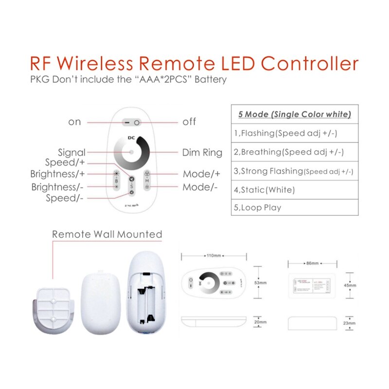 Botão manual profissional e sem fio RF remoto, pressione controlador, dimmer, única cor, LED Strip Acessórios, COB
