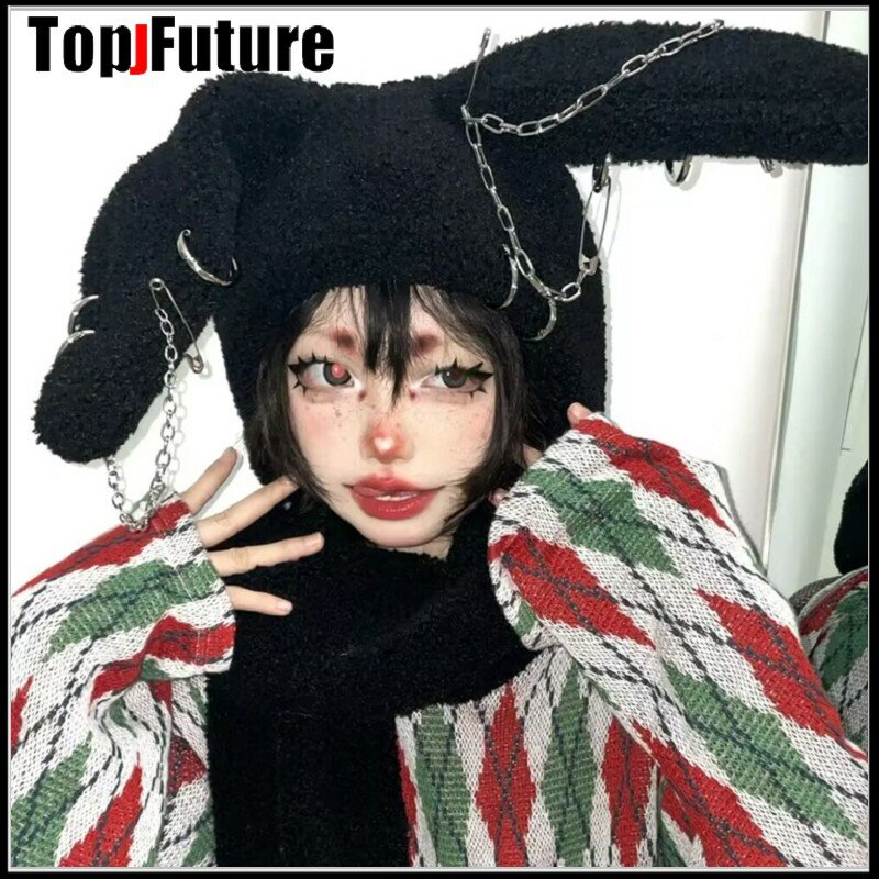 Topi Telinga Kelinci Panjang Anak Perempuan Y2K Harajuku Jepang Topi Syal Bertudung Hangat Musim Dingin Lambswool Rantai Salib Hitam Gotik Topi Streetwear