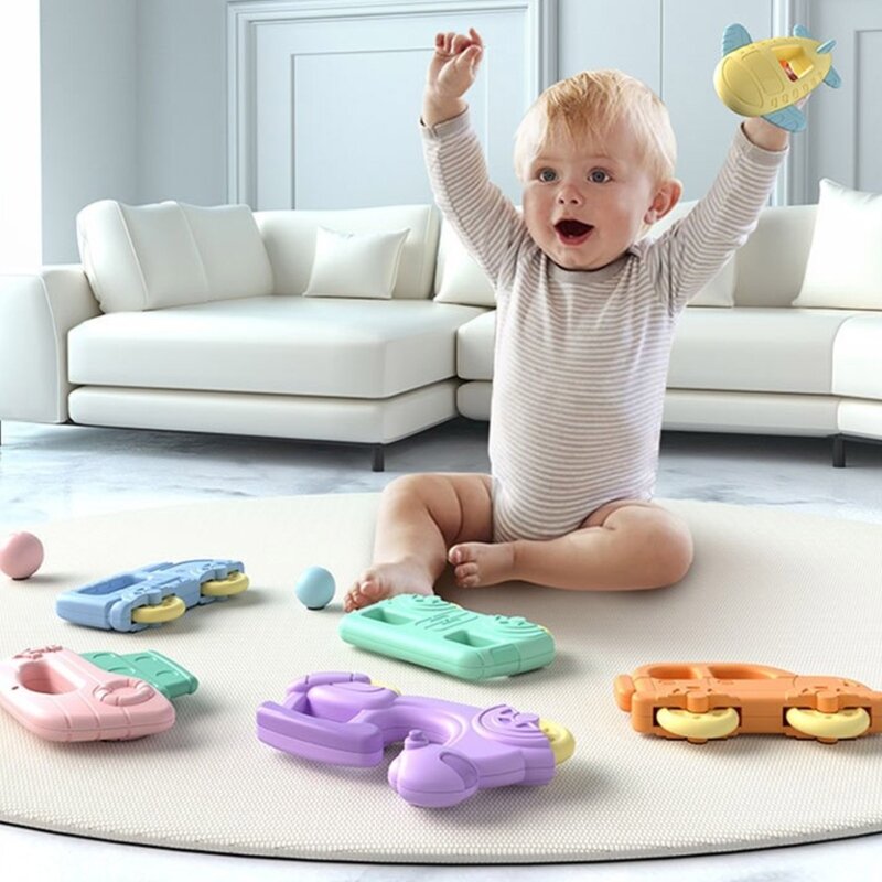 Multipurpose Baby Nursing Rattle Toy Vehicle-shape Teether Food-Grade Material Macaron-color Sensory Toy