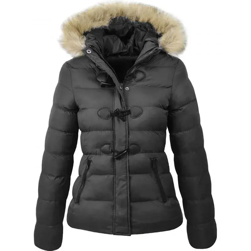 Jaqueta curta acolchoada em algodão para mulheres, jaqueta quente com fivela de chifre, decoração, modelos de inverno