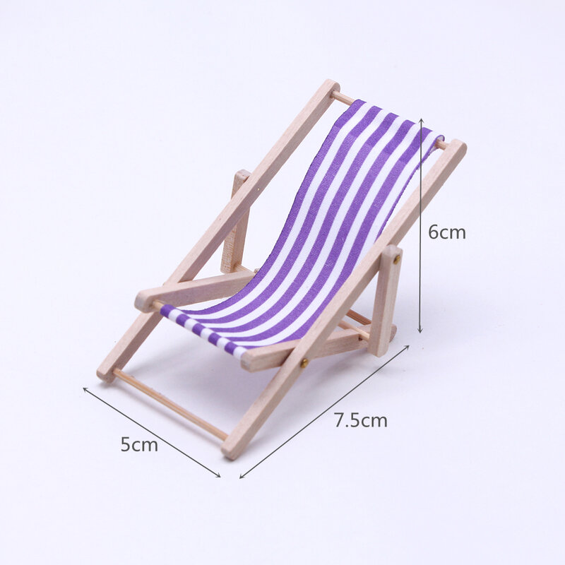 Cadeira de praia reclinável de madeira para Dollhouse, itens em miniatura, acessórios para cenas ao ar livre, 10 cores