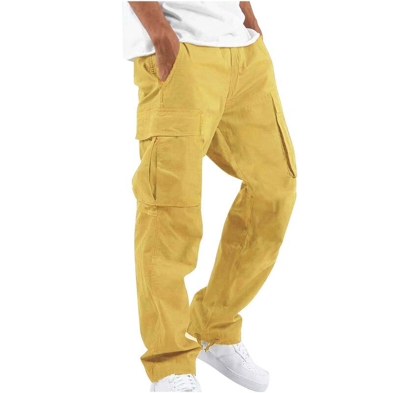 Calça cargo masculina com bolsos com cordão, calça de comprimento total, cor sólida, solta, bolso múltiplo, masculino, 3XL, Novo, 2023