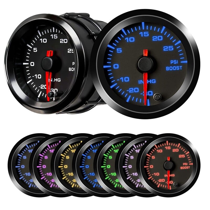 Turbo Boost Vacuum Gauge Kit, 7 Color 30 Psi 12V Auto Turbo Boost Meter Gauge With Black Dial For Car Truck,2-1/16 Inch