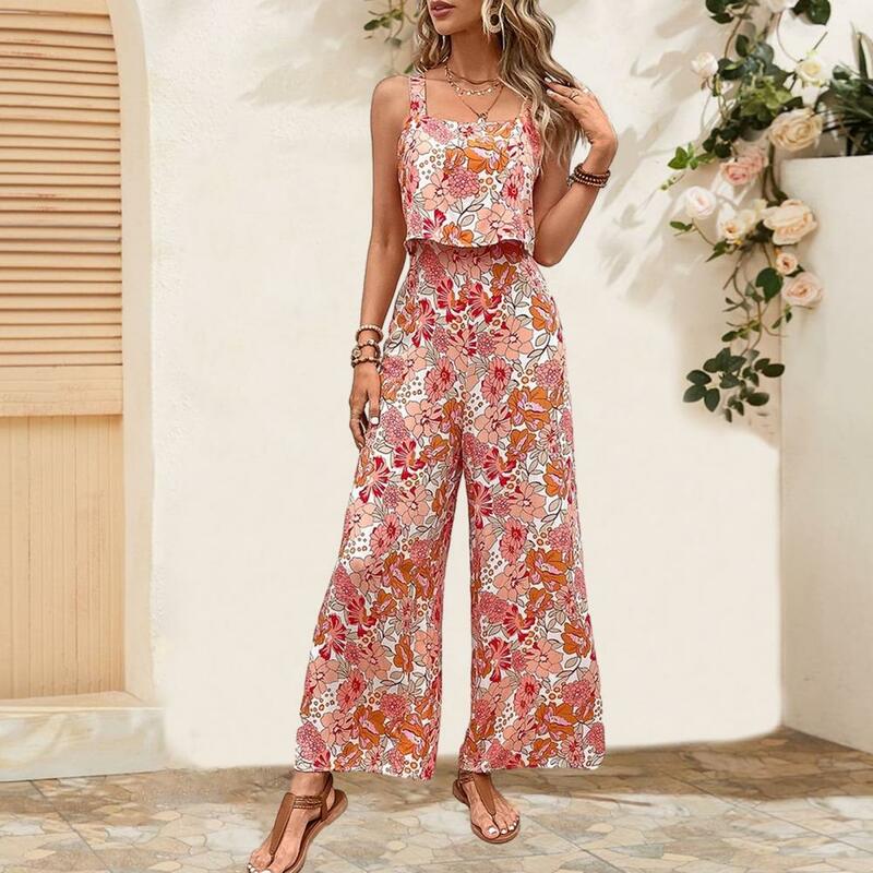 Women's Summer Jumpsuit Backless Fake Two-Piece Wide Leg Loose Printed Women's Vacation Beach Jumpsuit
