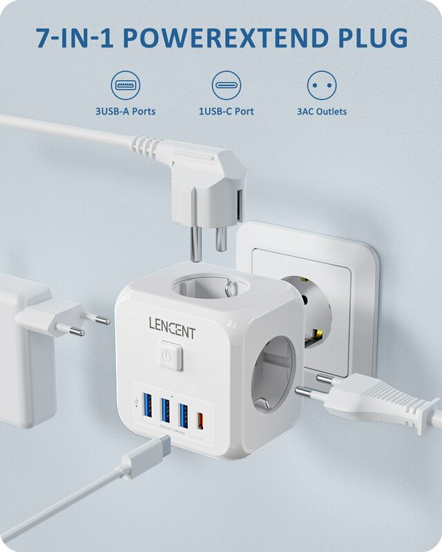 Przedłużacz ścienny LENCENT z 3 gniazdkami AC 3 porty USB And1 typ C 7-in-1 EU Plug Charger On/Off Switch dla domu