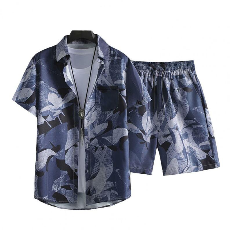Conjunto de camisa e shorts havaiano estampado masculino, respirável atlético, bolsos na cintura com cordão elástico, moda praia casual, verão