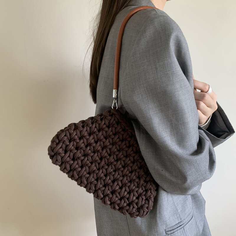 Fashion Crochet Women Shoulder Bag Candy Color Rope Knitting Handbag Handmade Woven Bags for Women 2024 Small Armpit Bag Purse