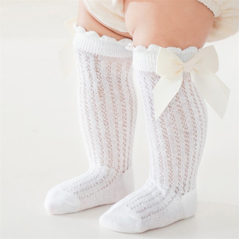 Calzini al ginocchio per bambini estivi neonate ragazzi Bow calzino lungo morbido cotone Mesh traspirante bambini scava fuori Socken per 0-3 anni