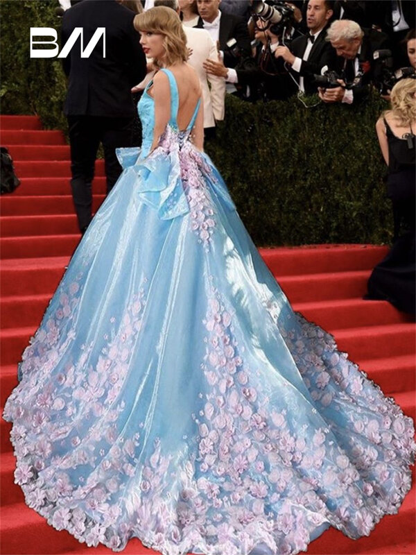 Ice Blue Ball Gown Celebrity Dress With 3D Pink Floral Appliques Long Prom Dresses Evening Party Gown Custom Made Ball Gown