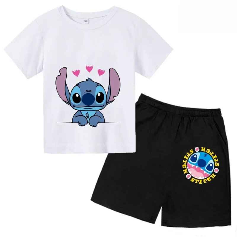 2024 Disney Stitch Anime Print Kurzarm T-Shirt & Shorts Set-Spaß & bequem, ideal für Kinder Sommer abenteuer