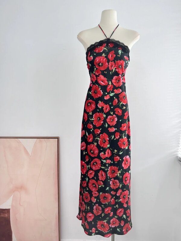 Women Strapless Flower Print Lace-up Halter Slim Backless Holiday Long Dress