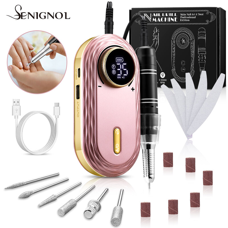 SENIGNOL 35000RPM Electric Nail Drill Machine Professional LCD Display Portable All for Manicure Tool Rechargeable Nails Art Set